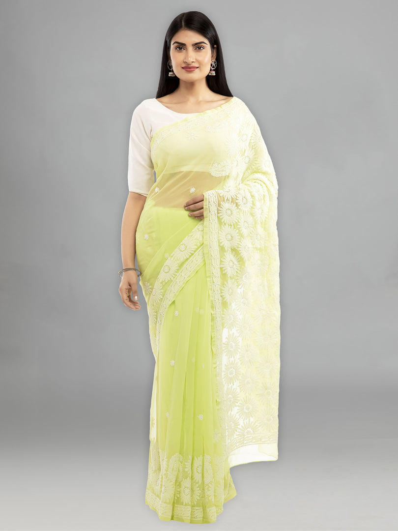 Seva Chikan Hand Embroidered Green Georgette Lucknowi Saree-SCL1984
