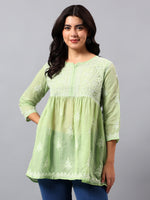 Load image into Gallery viewer, Seva Chikan Hand Embroidered Terivoil Cotton Lucknowi Chikan Green Top SCL9240