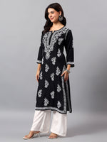 Load image into Gallery viewer, Seva Chikan Hand Embroidered Lucknowi Chikankari Black Cotton Kurta SCL4772