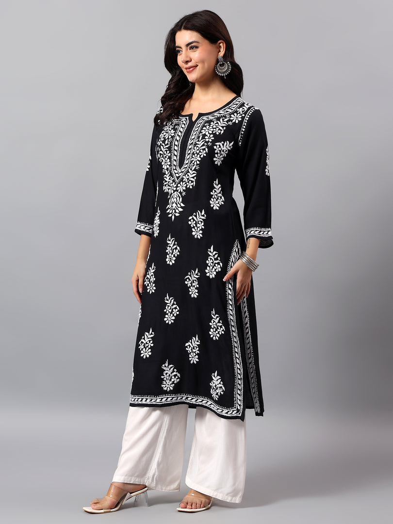 Seva Chikan Hand Embroidered Lucknowi Chikankari Black Cotton Kurta SCL4772