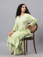 Load image into Gallery viewer, Seva Chikan Hand Embroidered Sage Green Rayon Lucknowi Chikankari Kurta Set SCL8062