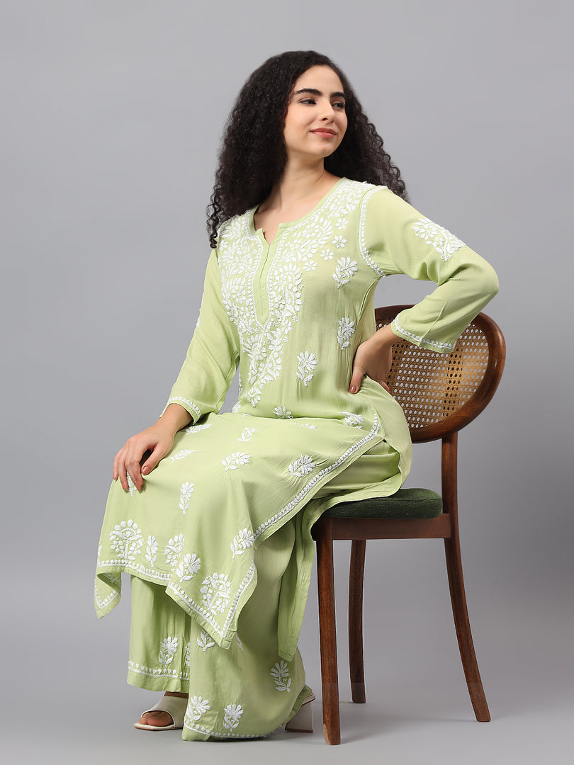 Seva Chikan Hand Embroidered Sage Green Rayon Lucknowi Chikankari Kurta Set SCL8062