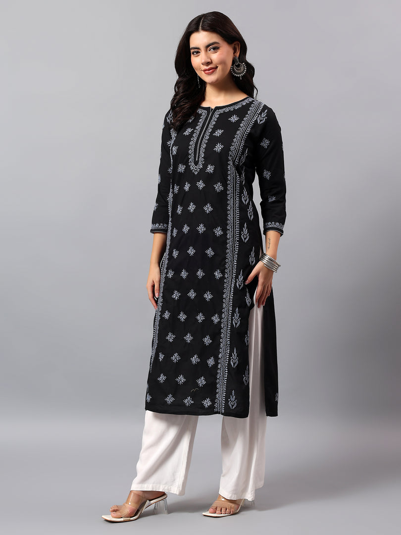 Seva Chikan Hand Embroidered Lucknowi Chikankari Black & Grey Cotton Kurta SCL4769