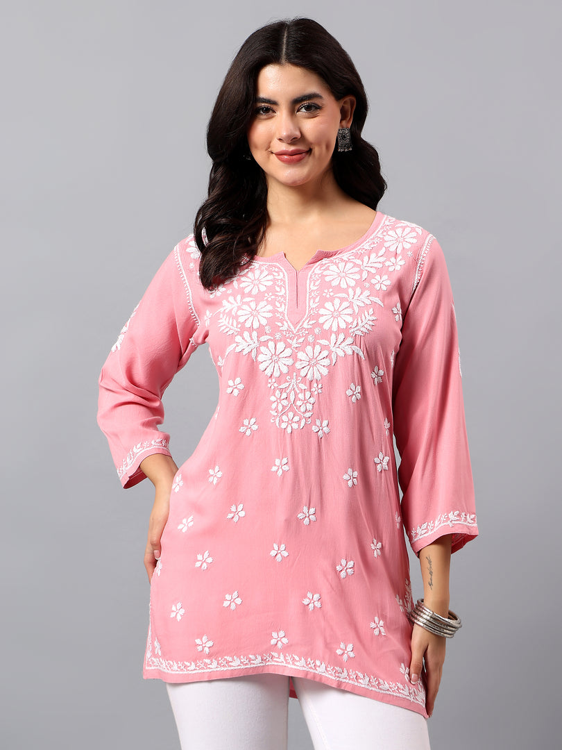 Seva Chikan Hand Embroidered Peach Rayon Lucknowi Chikan Top SCL9156