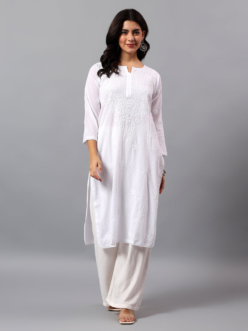 Seva Chikan Hand Embroidered Lucknowi Chikankari White Cotton Kurta SCL4770