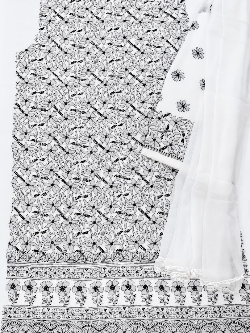 Seva Chikan Hand Embroidered White Terivoil Cotton Lucknowi Chikankari Unstitched Suit Piece-SEV15005