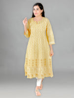 Load image into Gallery viewer, Seva Chikan Hand Embroidered Yellow Cotton Lucknowi Chikankari Anarkali-SCL1238