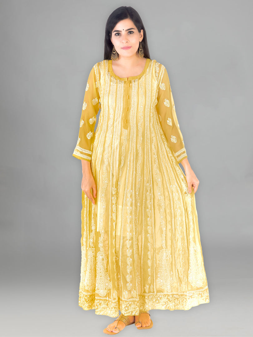Seva Chikan Hand Embroidered Yellow Georgette Lucknowi Chikankari Anarkali-SCL1375