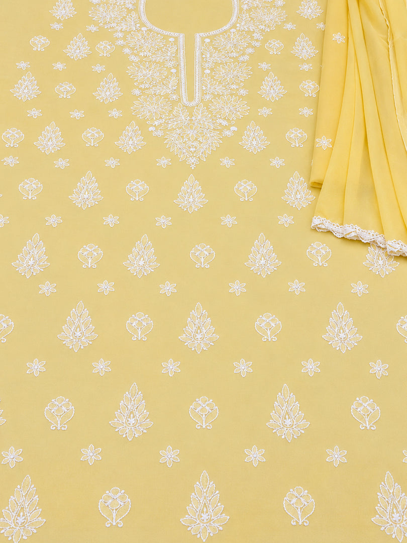 Seva Chikan Hand Embroidered Yellow Terivoil Cotton Lucknowi Chikankari Unstitched Suit Piece-SCL13141