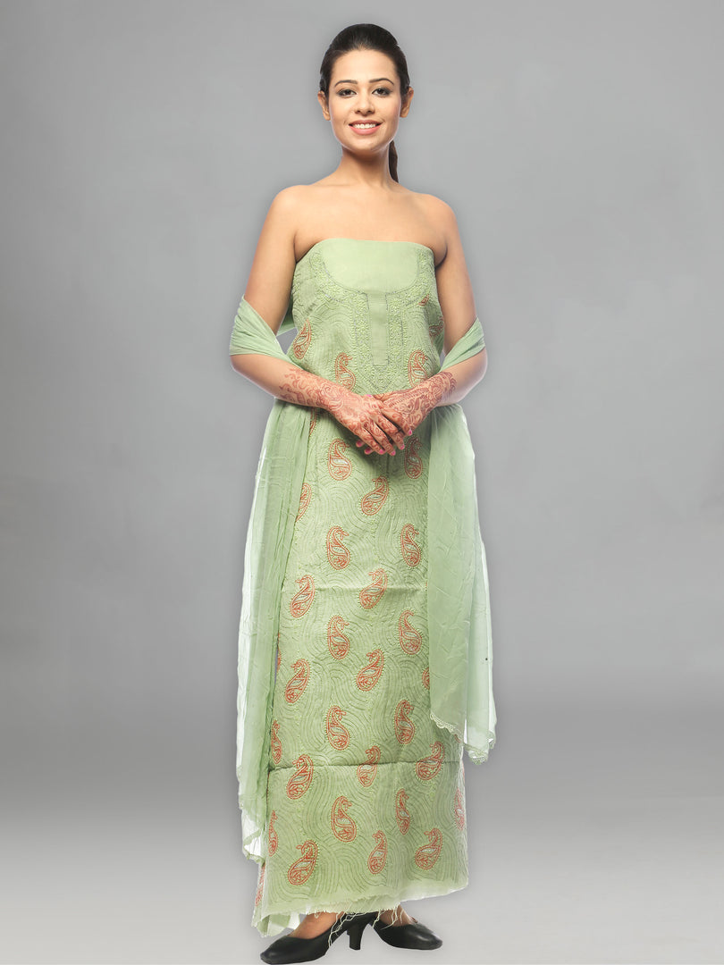 Seva Chikan Hand Embroidered Green Cotton Lucknowi Chikankari Unstitched Suit Piece With Mukaish/Muqaish Work-SCL0566