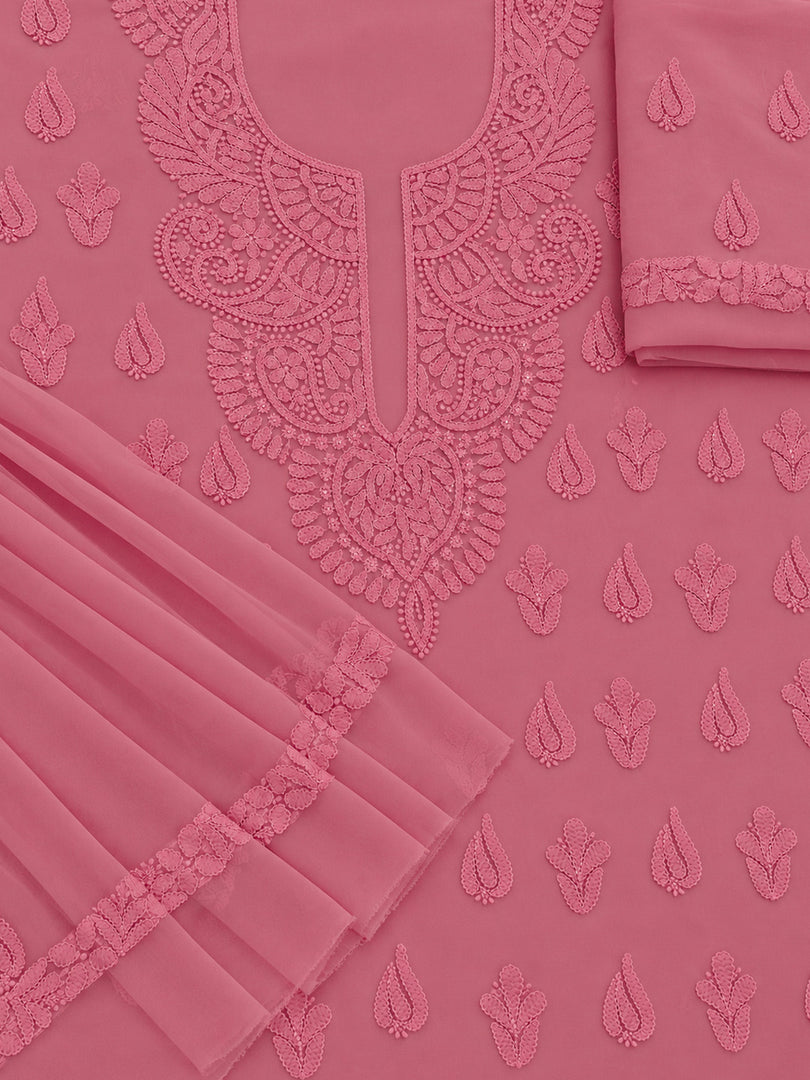 Seva Chikan Hand Embroidered Carrot Pink Georgette Lucknowi Chikankari Unstitched Suit Piece-SEV15033