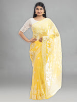 Load image into Gallery viewer, Seva Chikan Hand Embroidered Yellow Georgette Lucknowi Saree With Pearl Work-SCL1989