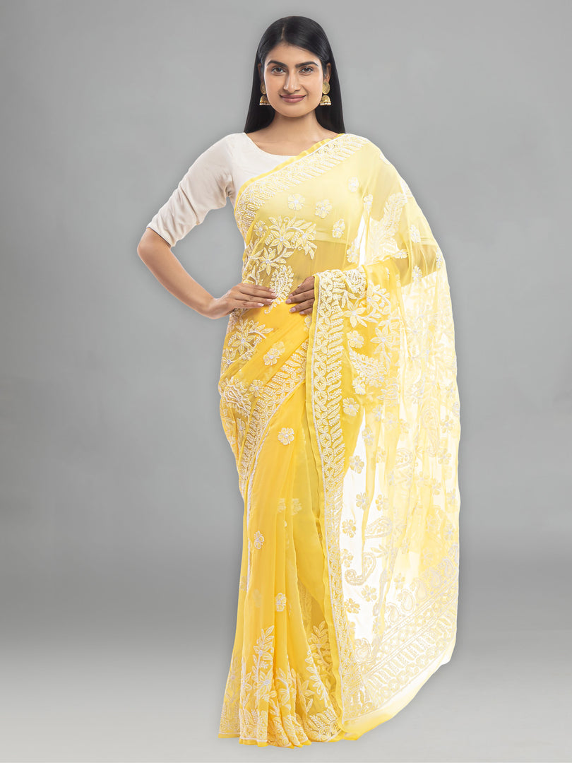 Seva Chikan Hand Embroidered Yellow Georgette Lucknowi Saree With Pearl Work-SCL1989