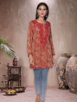 Load image into Gallery viewer, Seva Chikan Hand Embroidered Red Rayon Lucknowi Chikan Short Kurti SCL1050
