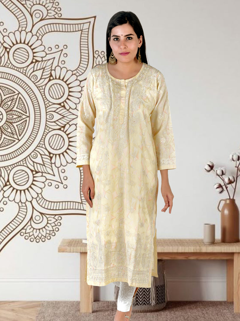 Seva Chikan Hand Embroidered Yellow Cotton Lucknowi Chikan Kurti SCL1322