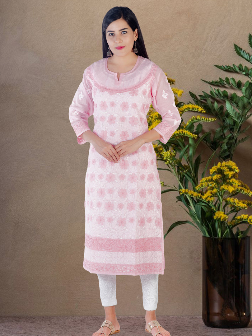 Seva Chikan Hand Embroidered Pink Cotton Lucknowi Chikan Kurti SCL1203