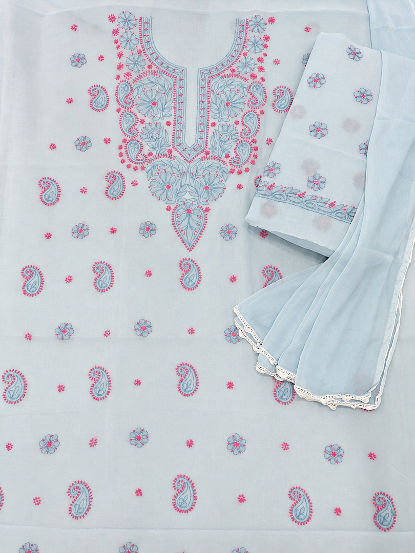 Seva Chikan Hand Embroidered Blue/Pink Terivoil Cotton Lucknowi Chikankari Unstitched Suit Piece-SEV15002