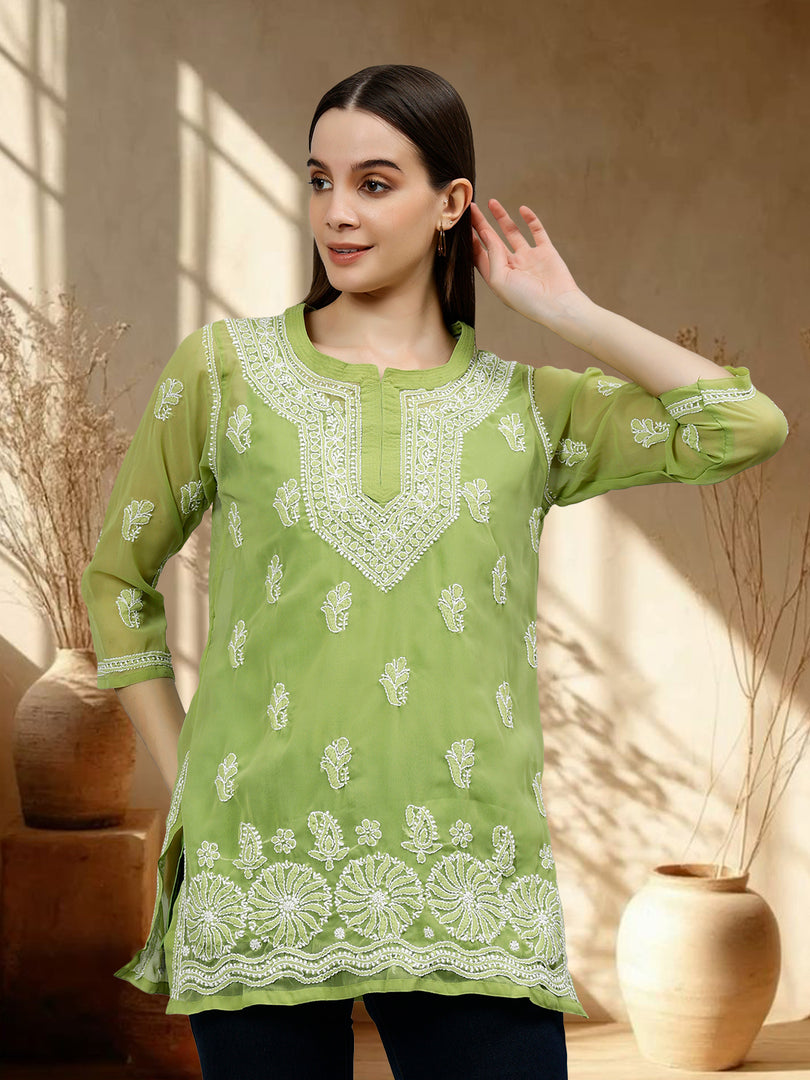 Seva Chikan Hand Embroidered Georgette Lucknowi Chikankari Top With Slip