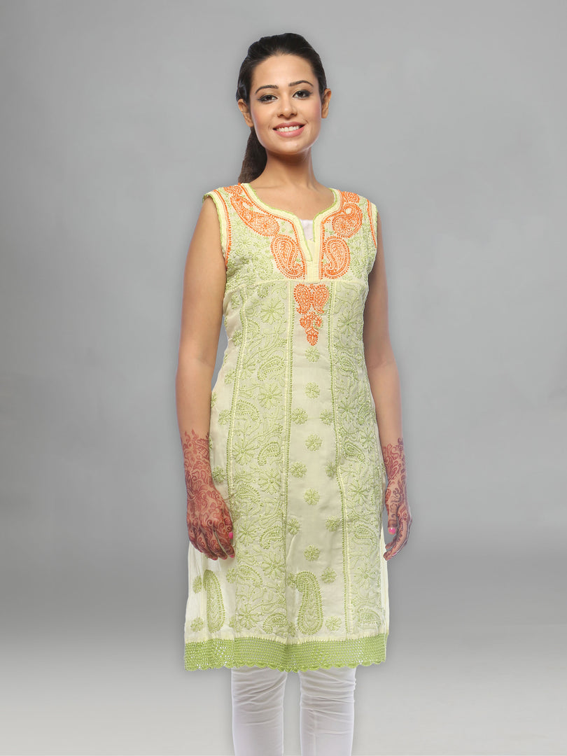Seva Chikan Hand Embroidered Light Green Cotton Lucknowi Chikan Kurti-SCL0610