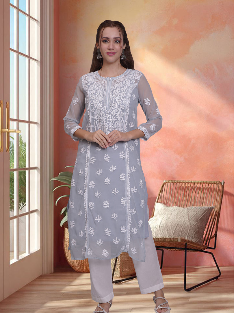 Seva Chikan Hand Embroidered Georgette Lucknowi Chikankari Kurta With Slip