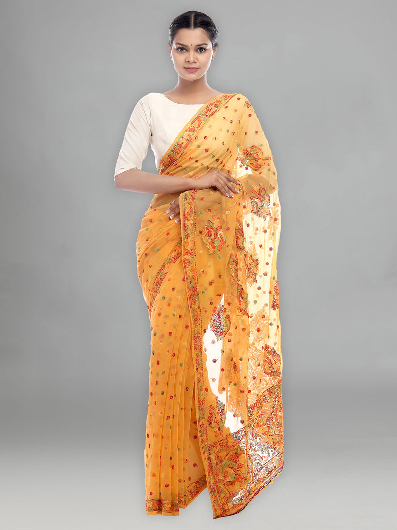 Seva Chikan Hand Embroidered Mustard Georgette Lucknowi Saree-SCL2287