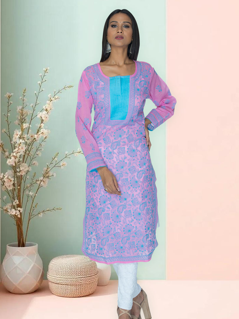 Seva Chikan Hand Embroidered Pink Cotton Lucknowi Chikan Kurti SCL1051