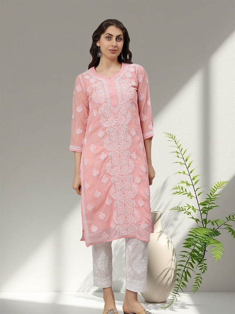 Seva Chikan Hand Embroidered Georgette Lucknowi Chikankari Kurta With Slip