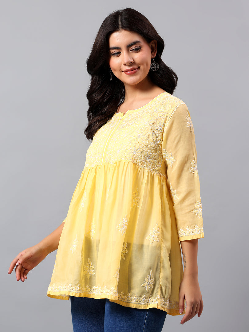 Seva Chikan Hand Embroidered Terivoil Cotton Lucknowi Chikan Yellow Top SCL9242