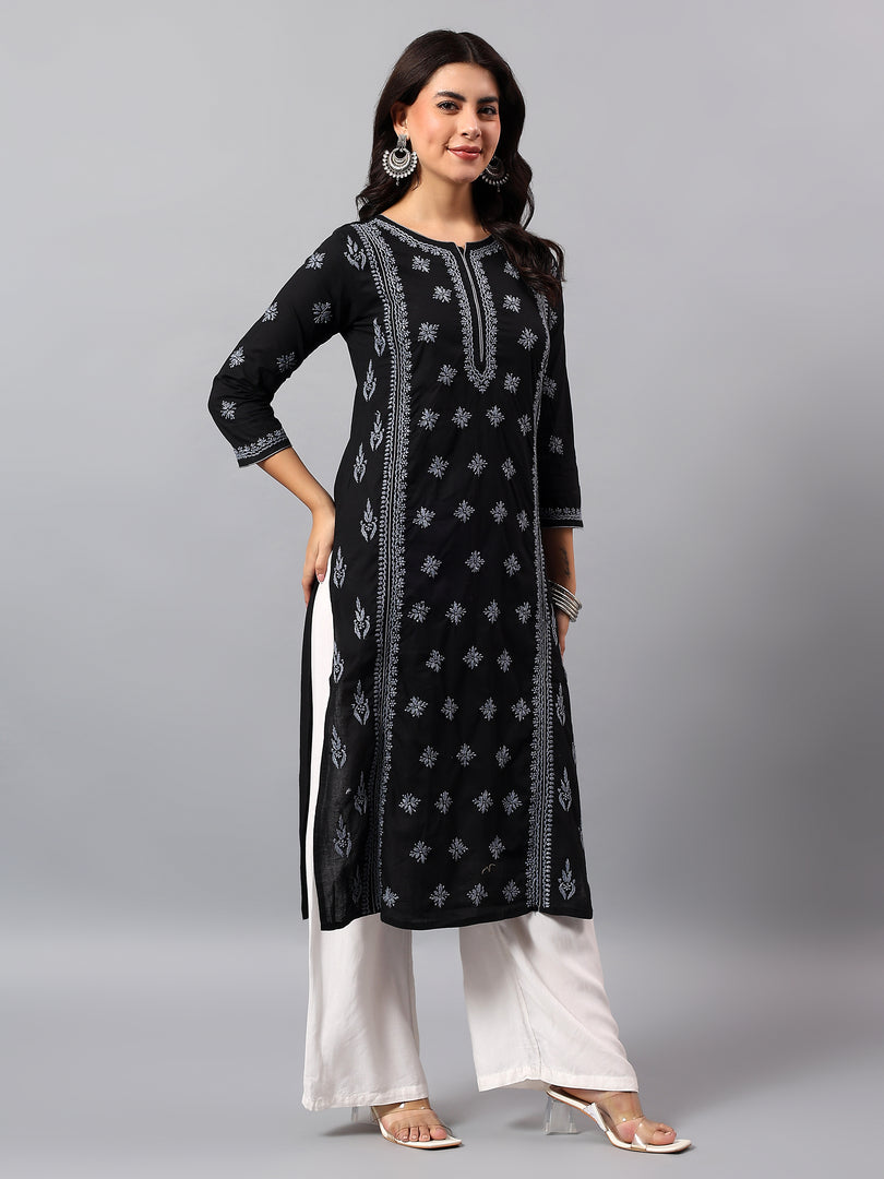 Seva Chikan Hand Embroidered Lucknowi Chikankari Black & Grey Cotton Kurta SCL4769