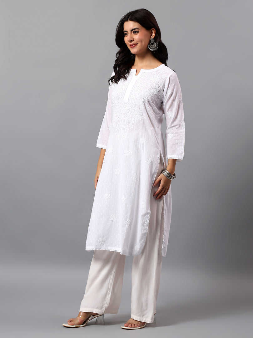 Seva Chikan Hand Embroidered Lucknowi Chikankari White Cotton Kurta SCL4770