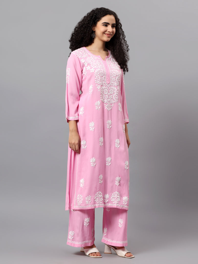 Seva Chikan Hand Embroidered Pink Rayon Lucknowi Chikankari Kurta Set SCL8063