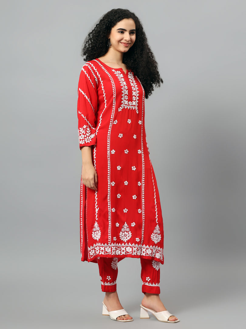 Seva Chikan Hand Embroidered Red Rayon Lucknowi Chikankari Kurta Set SCL8104