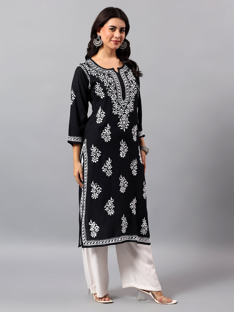 Seva Chikan Hand Embroidered Lucknowi Chikankari Black Cotton Kurta SCL4772