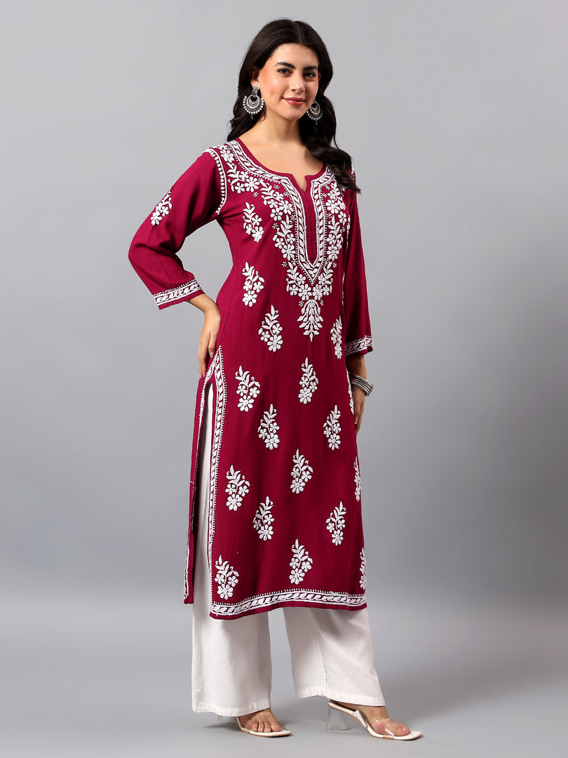Seva Chikan Hand Embroidered Lucknowi Chikankari Purple Rayon Kurta SCL4508