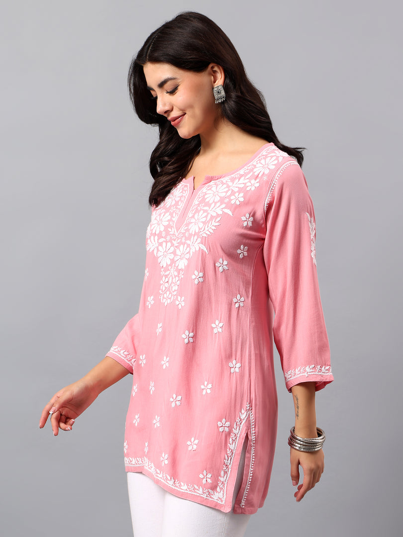 Seva Chikan Hand Embroidered Peach Rayon Lucknowi Chikan Top SCL9156