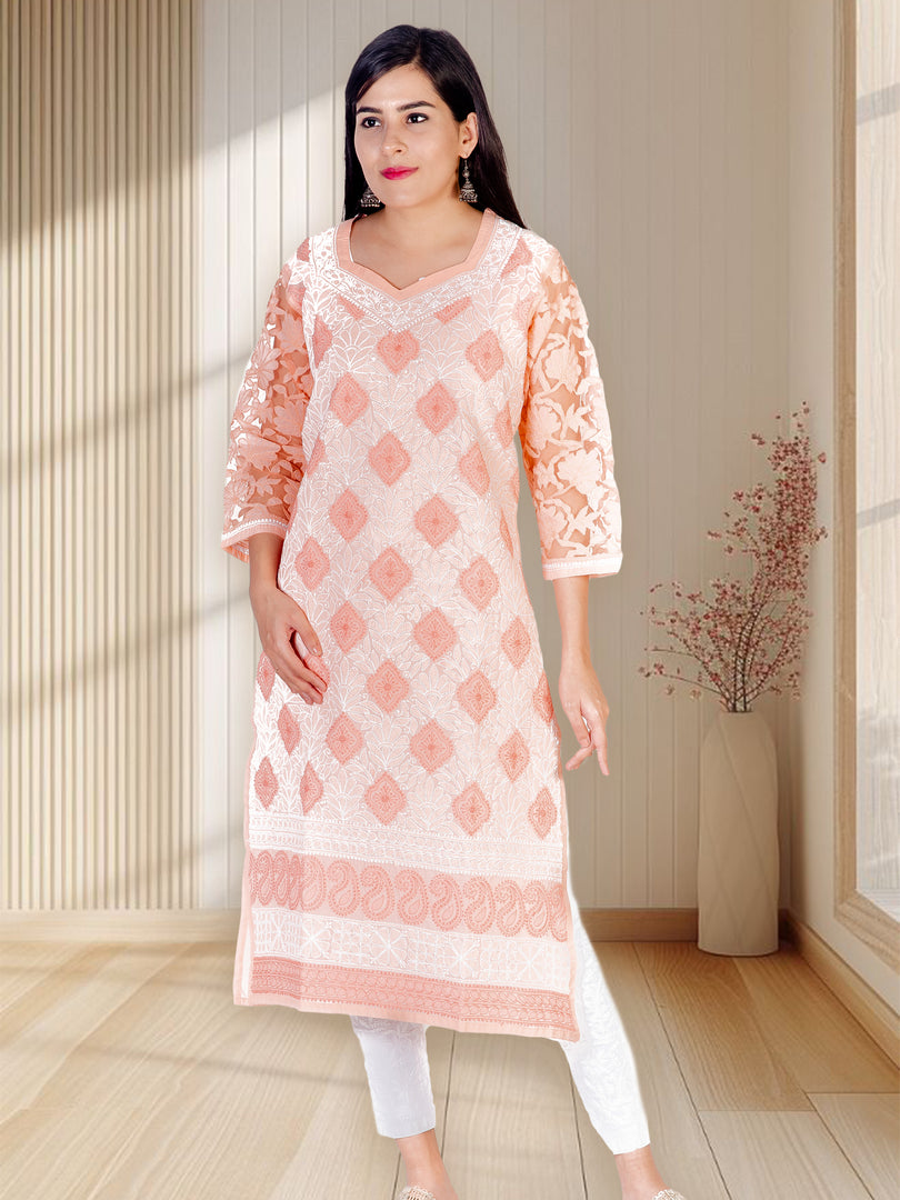Seva Chikan Hand Embroidered Peach Cotton Lucknowi Chikan Kurti SCL1206