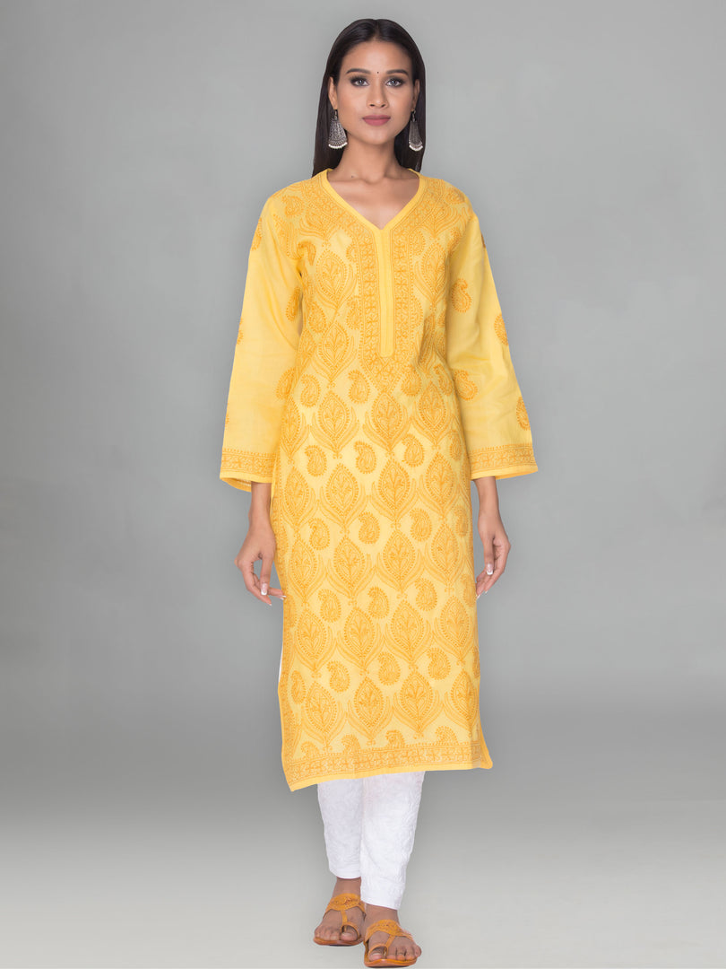 Seva Chikan Hand Embroidered Yellow Cotton Lucknowi Chikan Kurta-SCL0901