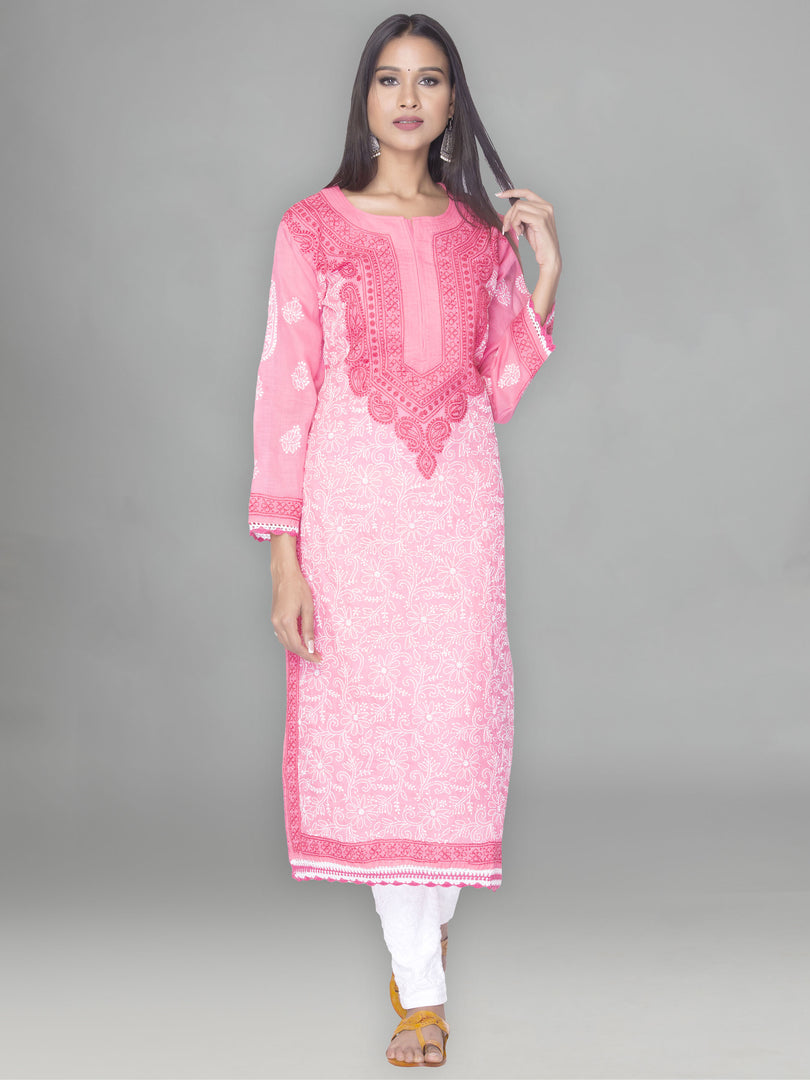 Seva Chikan Hand Embroidered Dark Pink Cotton Lucknowi Chikan Kurta-SCL0906