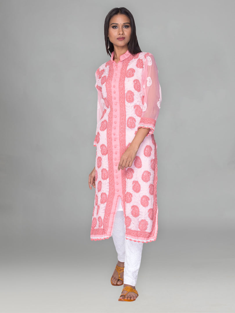 Seva Chikan Hand Embroidered Peach Faux Georgette Lucknowi Chikan Front Open Kurta-SCL0890