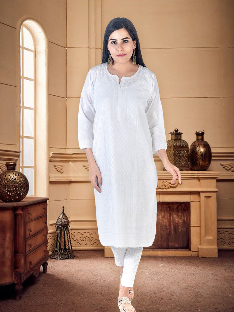Seva Chikan Hand Embroidered White Cotton Lucknowi Chikan Kurti SCL1314