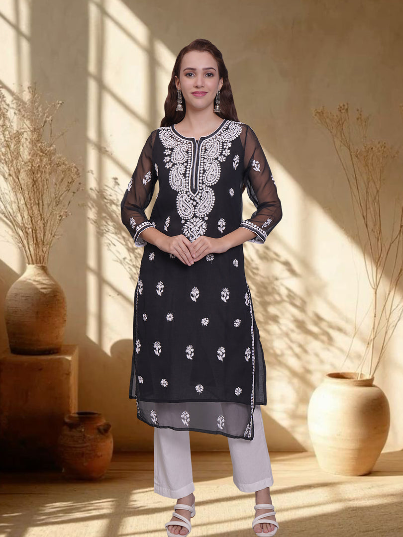 Seva Chikan Hand Embroidered Georgette Lucknowi Chikankari Kurta With Slip