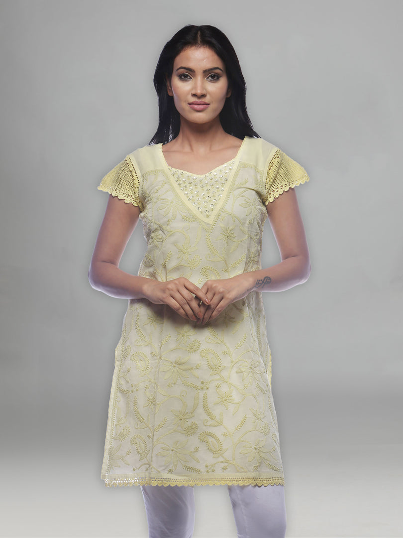 Seva Chikan Hand Embroidered Lemon Cotton Lucknowi Chikan Kurti-SCL0271