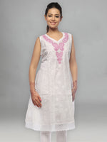 Load image into Gallery viewer, Seva Chikan Hand Embroidered White Cotton Lucknowi Chikan A-Line Kurta-SCL0670