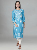 Load image into Gallery viewer, Seva Chikan Hand Embroidered Firozi Blue Modal Cotton Lucknowi Chikankari Kurta-SCL4345
