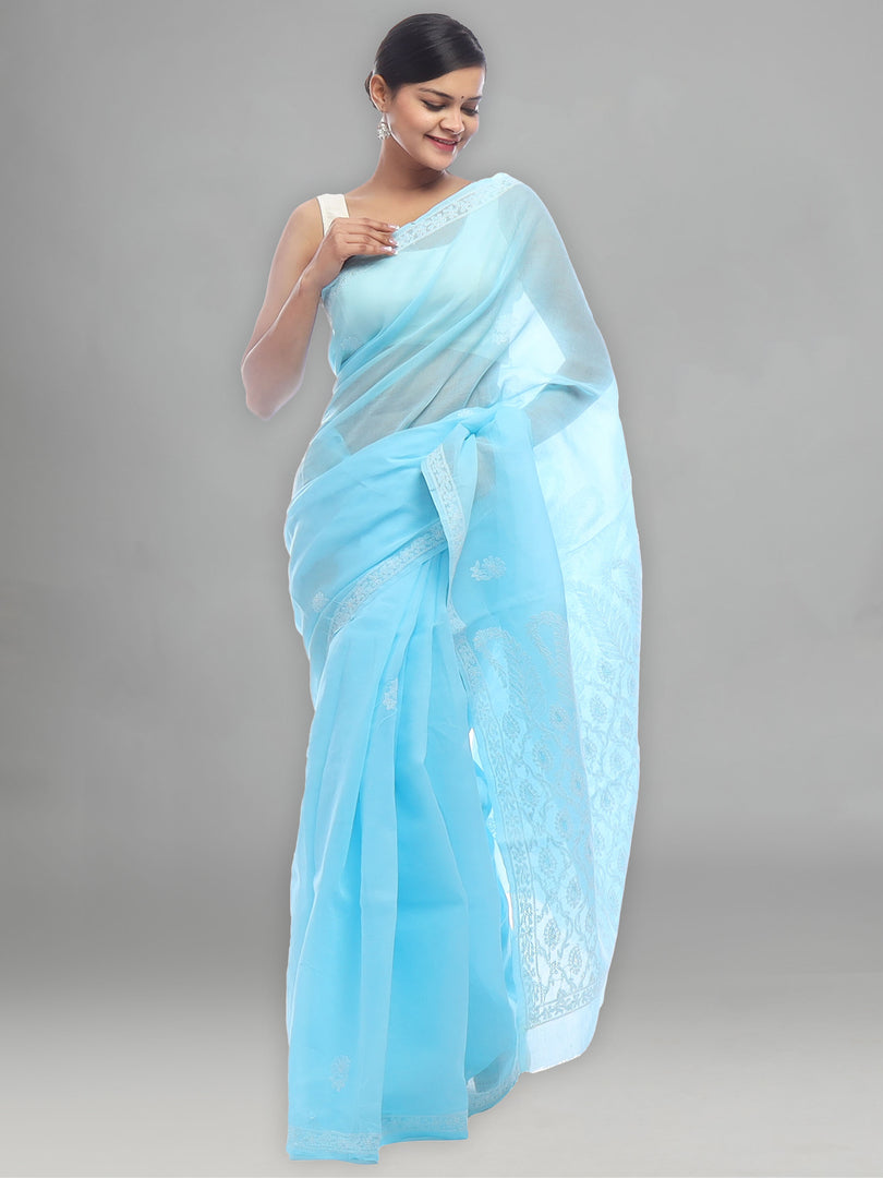 Seva Chikan Hand Embroidered Blue Cotton Lucknowi Saree-SCL2320