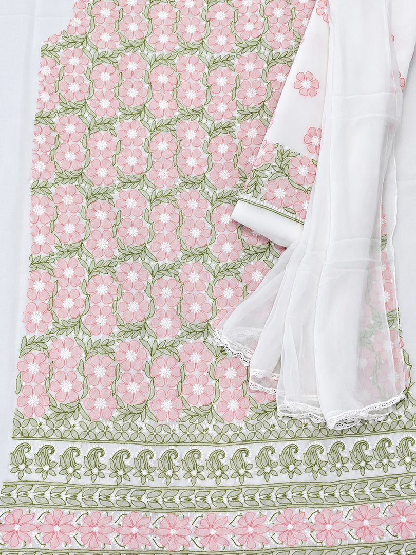 Seva Chikan Hand Embroidered White Terivoil Cotton Lucknowi Chikankari Unstitched Suit Piece-SEV15007