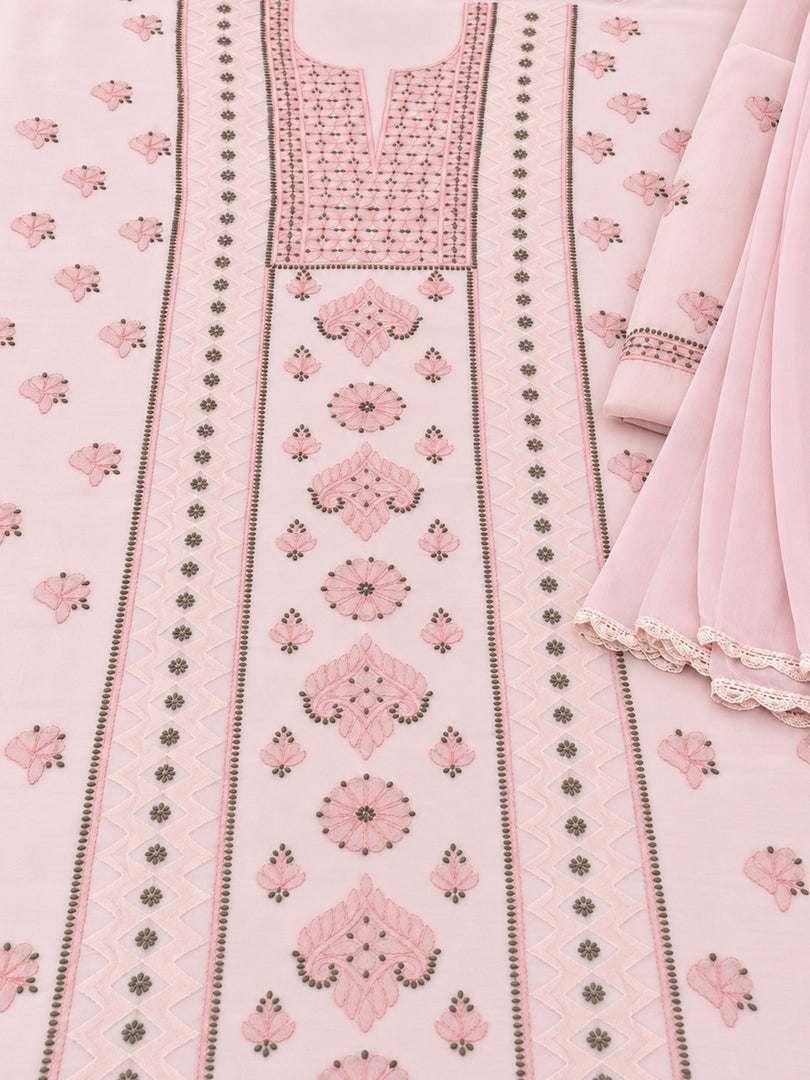 Seva Chikan Hand Embroidere Pink Terivoil Cotton Lucknowi Chikankari Unstitched Suit Piece-SEV15020