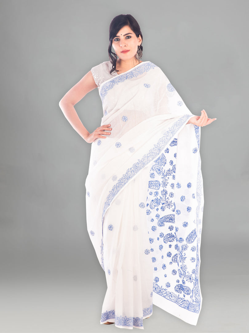 Seva Chikan Hand Embroidered White Kota Lucknowi Saree-SCL1195
