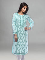 Load image into Gallery viewer, Seva Chikan Hand Embroidered Sea Green Cotton Lucknowi Chikan Kurti-SCL0253