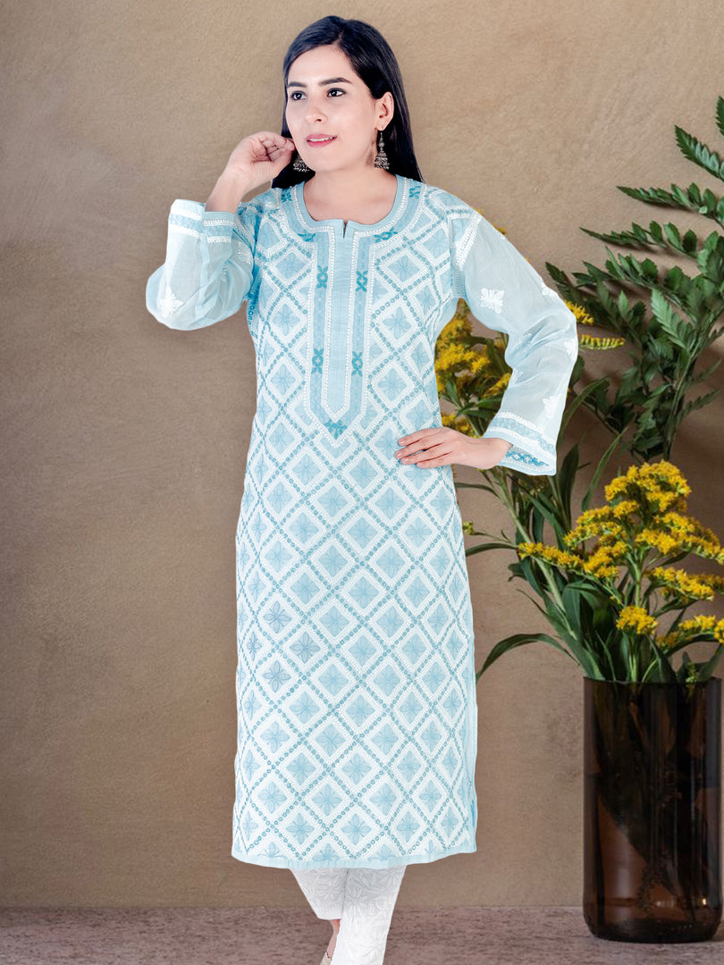 Seva Chikan Hand Embroidered Sky Blue Cotton Lucknowi Chikan Kurti SCL1218